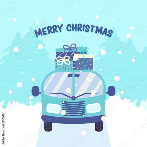 Car delivering gift boxes winter landscape. Festive Christmas background. Present boxes on the roof of auto.