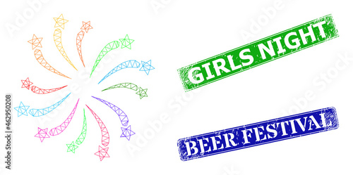 Network fireworks salute image, and Girls Night blue and green rectangle dirty stamps. Mesh carcass symbol created from fireworks salute pictogram.