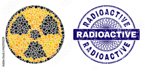 Geometric mosaic radioactive, and Radioactive unclean stamp seal. Violet stamp seal includes Radioactive tag inside round form. Vector radioactive mosaic is made with scattered spheric, triangle,