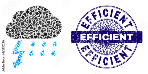 Geometric collage thunderstorm, and Efficient unclean stamp seal. Blue stamp seal includes Efficient caption inside circle shape. Vector thunderstorm collage is done with randomized round, triangle,