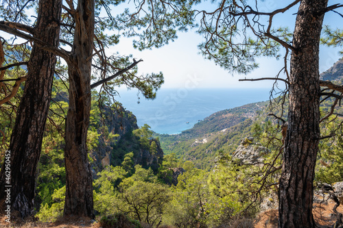Turkey sea and mountain landscape photo, mediterranean Turkish coast area near Fethiye, taken on Lycian way hiking route. Nature, outdoor, hiking and trekking concept image	