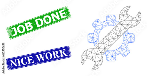 Network service tools model, and Job Done blue and green rectangular dirty stamp seals. Polygonal carcass illustration based on service tools pictogram.