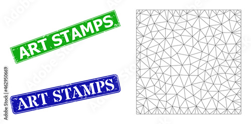 Network filled square image, and Art Stamps blue and green rectangle rubber stamp seals. Polygonal carcass illustration is designed with filled square icon.