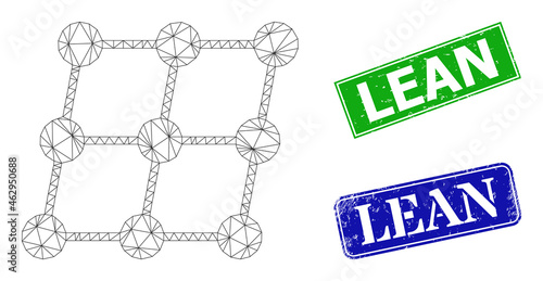 Net inclined grid nodes image, and Lean blue and green rectangular grunge seals. Polygonal wireframe image designed with inclined grid nodes pictogram.