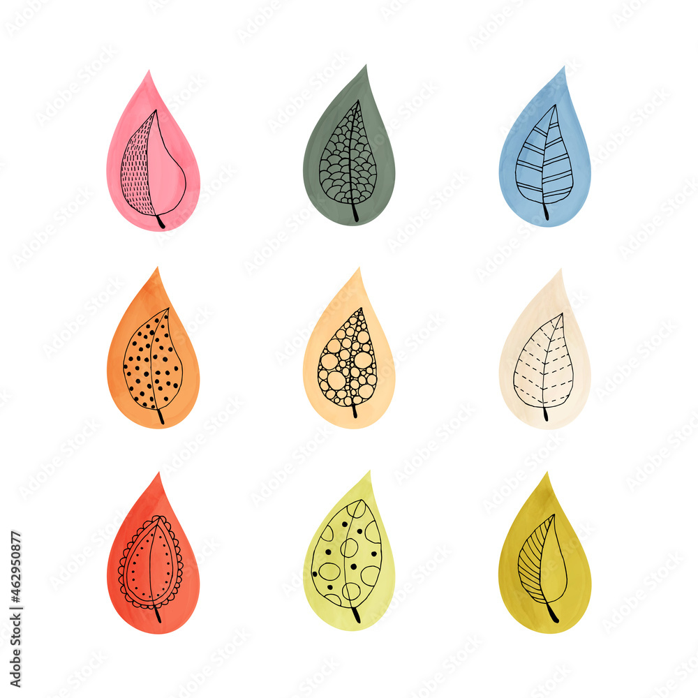 set of autumn leaves linear drawing and watercolor set of autumn leaves linear drawing and watercolor