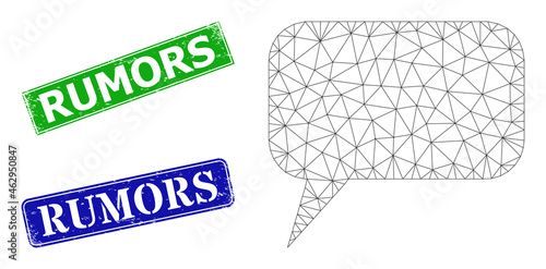 Triangular comment message image, and Rumors blue and green rectangle dirty stamp seals. Polygonal wireframe illustration designed with comment message pictogram.