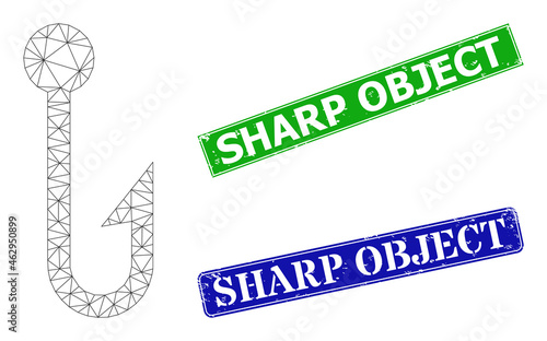 Triangular hook image, and Sharp Object blue and green rectangle textured stamp seals. Mesh carcass image is based on hook pictogram. Seals include Sharp Object title inside rectangle frame.
