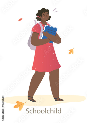 Young cheerful schoolgirl is going to school on white background. Students and little children with books and backpacks while going back to school in autumn. Flat cartoon vector illustration