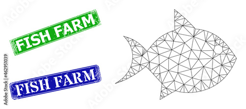 Mesh fish image, and Fish Farm blue and green rectangular scratched stamps. Mesh carcass image based on fish pictogram. Seals contain Fish Farm text inside rectangle frame.