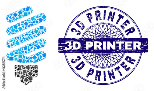 Geometric mosaic fluorescent bulb, and 3D Printer scratched stamp seal. Violet stamp seal has 3D Printer text inside round form. Vector fluorescent bulb mosaic is designed with randomized circle,