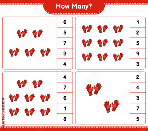 Counting game, how many Goalkeeper Gloves. Educational children game, printable worksheet, vector illustration
