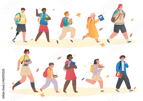 Set of cute little boys and girls going to elementary or middle school. Happy pupils with backpacks holding books surrounded by autumn leaves. Flat cartoon vector illustration