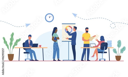 Scene with business people working in the office. Minimal co-working space. Group of working office employees. Concept of team project, brainstorm, teamwork process. Flat cartoon vector illustration