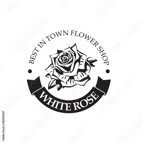 emblem of white rose bud for flower shop isolated on white background