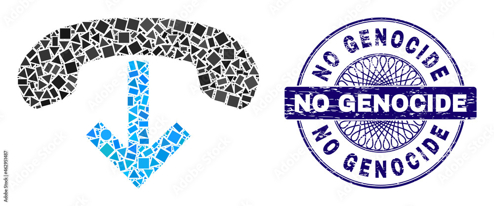 Geometric mosaic phone hang up, and No Genocide scratched seal print. Blue seal contains No Genocide text inside round form. Vector phone hang up collage is formed of randomized round, triangle, Geometric mosaic phone hang up, and No Genocide scratched seal print. Blue seal contains No Genocide text inside round form. Vector phone hang up collage is formed of randomized round, triangle,