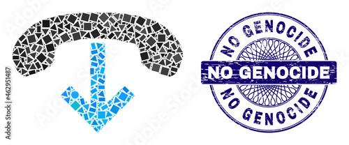 Geometric mosaic phone hang up, and No Genocide scratched seal print. Blue seal contains No Genocide text inside round form. Vector phone hang up collage is formed of randomized round, triangle,