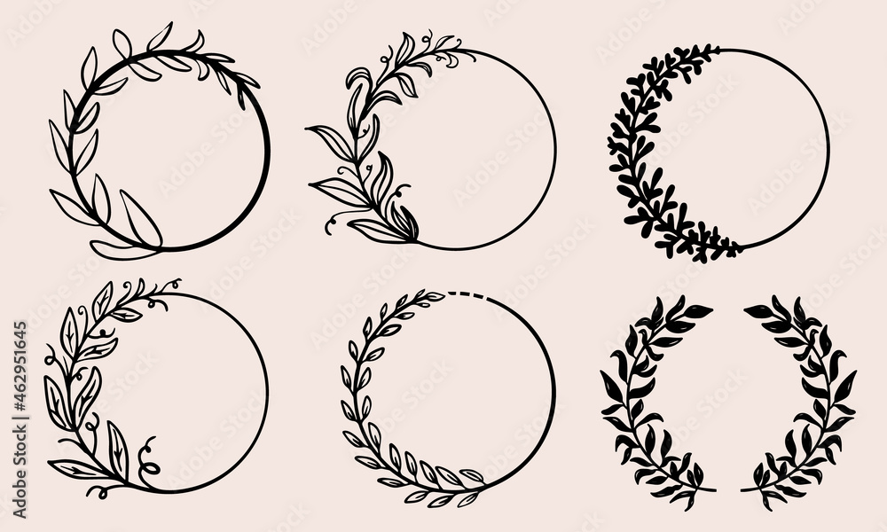 Fototapeta premium Hand drawn wreath collection. Bundle of doodled, vector circles with botanical leaves as cute round frames.