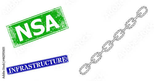 Mesh chain image, and NSA blue and green rectangle unclean seals. Mesh carcass image designed with chain pictogram. Seals contain NSA text inside rectangle form.