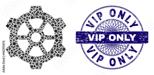 Geometric mosaic gear, and Vip Only corroded seal imitation. Violet seal has Vip Only text inside round shape. Vector gear mosaic is constructed from random round, triangle, square items.