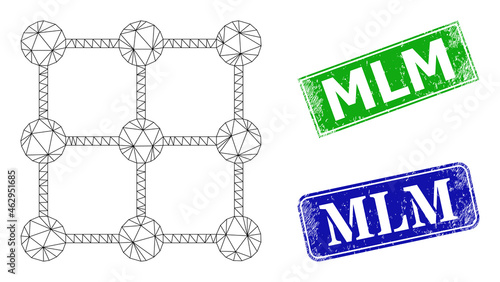 Polygonal grid nodes model, and Mlm blue and green rectangle rubber stamps. Polygonal wireframe symbol is designed with grid nodes pictogram. Stamps include Mlm text inside rectangle frame.
