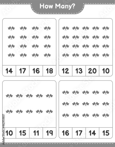 Counting game, how many Racing Flags. Educational children game, printable worksheet, vector illustration