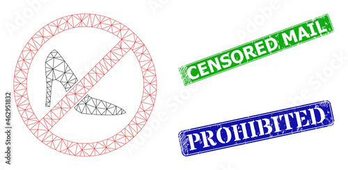 Net forbidden lady shoes image, and Censored Mail blue and green rectangle textured stamp seals. Mesh carcass image is created from forbidden lady shoes pictogram.