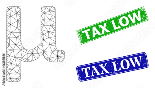 Polygonal Mu Greek lowercase symbol image, and Tax Low blue and green rectangular rubber stamp seals. Mesh carcass symbol created from Mu Greek lowercase symbol icon.