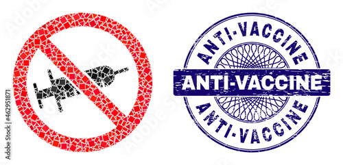 Geometric collage no syringe drugs, and Anti-Vaccine rubber stamp seal. Blue seal has Anti-Vaccine caption inside circle shape. Vector no syringe drugs collage is made from different spheric,
