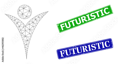 Polygonal futuristic man model, and Futuristic blue and green rectangle rubber watermarks. Polygonal carcass image is created from futuristic man pictogram.