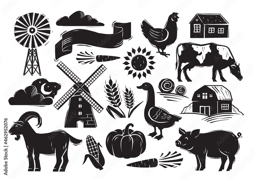 Woodcut style farm set with country elements on white background. Farm  animals, vegetables and other essential typical elements from the country  farming life. Flat cartoon vector illustration Stock Vector | Adobe Stock