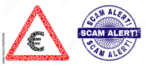 Geometric mosaic Euro warning, and Scam Alert! scratched seal imitation. Blue seal includes Scam Alert! tag inside circle form. Vector Euro warning mosaic is made of random circle, triangle,