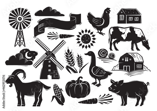 Woodcut style farm set with country elements on white background. Farm animals, vegetables and other essential typical elements from the country farming life. Flat cartoon vector illustration photo