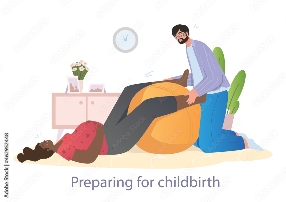 Obraz premium Husband helps his wife to prepare for childbirth. Concept of women trying to prepare for childbirth at home or at the hospital using big ball. Flat cartoon vector illustration
