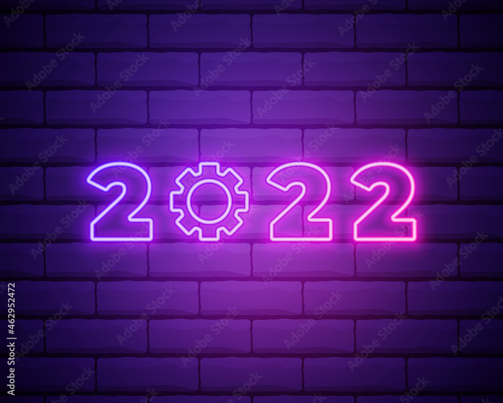 2022 neon signboard. Happy New Year. Realistic pink neon numbers on dark brick wall. Vector 2022 in neon linear style. 2022 neon signboard. Happy New Year. Realistic pink neon numbers on dark brick wall. Vector 2022 in neon linear style.