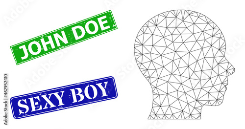 Mesh human head model, and John Doe blue and green rectangular textured watermarks. Mesh wireframe image based on human head icon. Seals contain John Doe title inside rectangular frame.