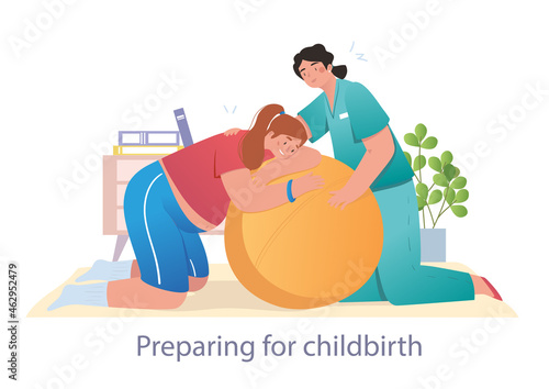 Professional doctor helps a patient to prepare for childbirth. Women are trying to prepare themselves for childbirth at the hospital using big ball. Flat cartoon vector illustration