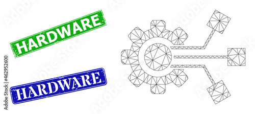 Network smart component model, and Hardware blue and green rectangular textured stamp seals. Polygonal wireframe symbol created from smart component pictogram.