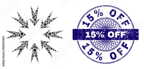 Geometric mosaic pressure arrows, and 15% Off dirty seal. Violet stamp seal includes 15% Off tag inside round shape. Vector pressure arrows mosaic is organized with random round, triangle,