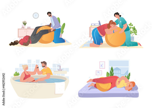 Set with pregnant women preparing for childbirth at hospital and at home. Concept of female during child delivery. Women in birthing positions. Flat cartoon vector illustration