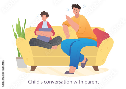 Father is spending happy time together with his teenager son at home. Concept of family relations, parenting. Father is watching a movie or tv with his son. Flat cartoon vector illustration