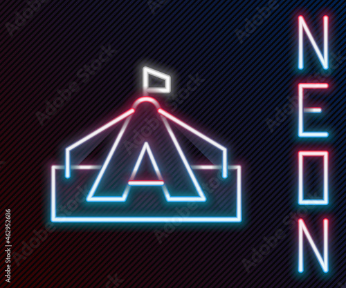 Glowing neon line Tourist tent icon isolated on black background. Camping symbol. Colorful outline concept. Vector