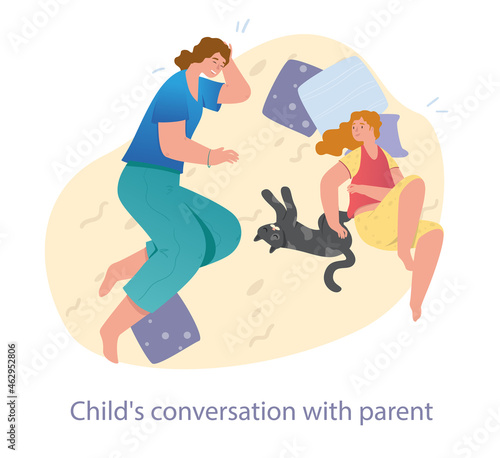 Smiling mother is spending leisure time with her teenager daughter at home. Family relations, parenting. Cheerful mother is talking to her daughter in bed. Flat cartoon vector illustration