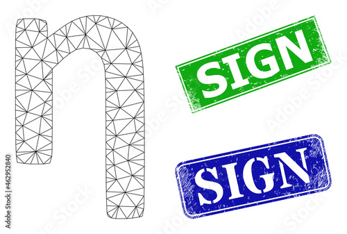 Network Eta Greek lowercase symbol model, and Sign blue and green rectangular scratched stamps. Polygonal wireframe illustration is designed with Eta Greek lowercase symbol pictogram.