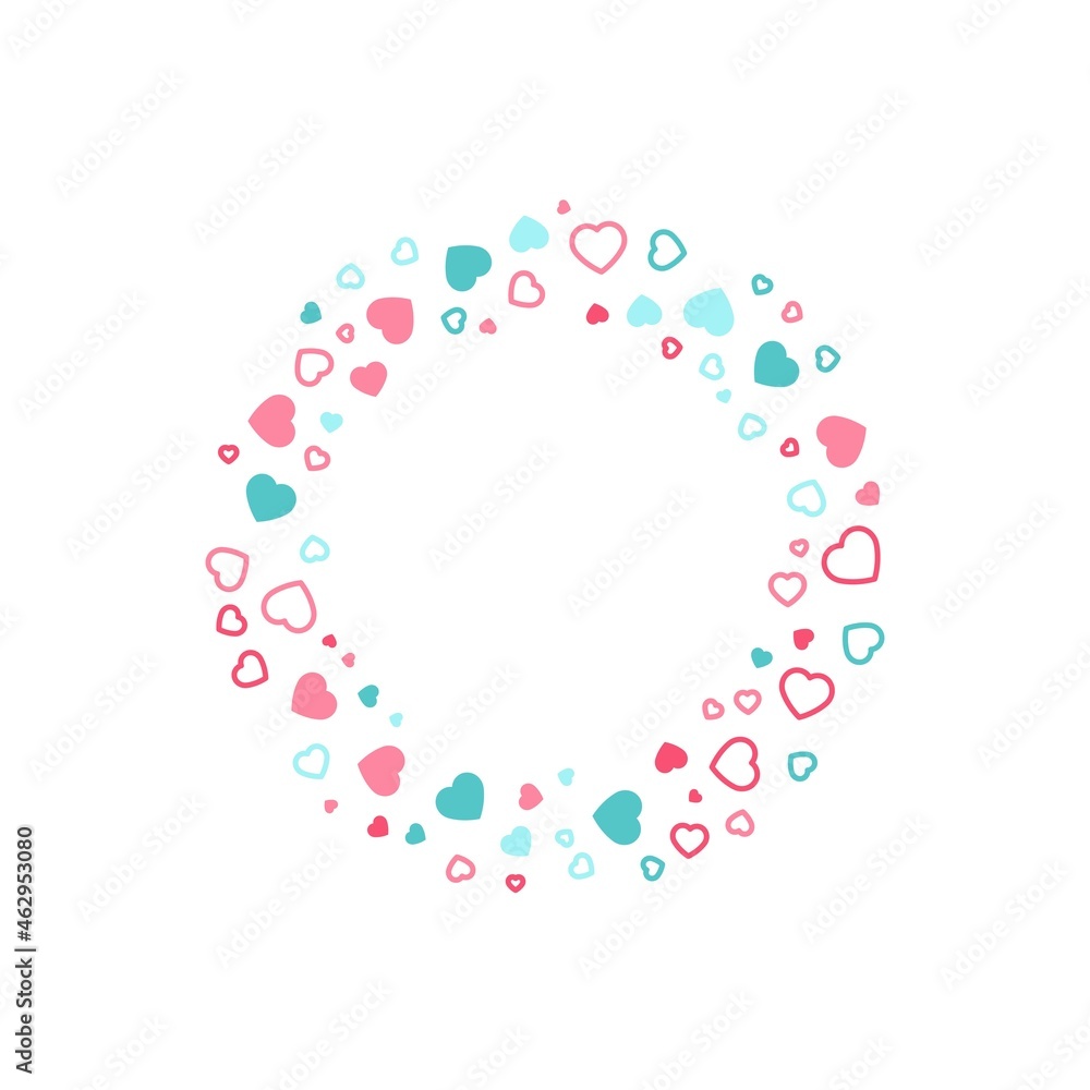 Colorful geometric hearts frame - wreath. Abstract vector background with colorful hearts shapes consisting of spherical geometric particles. Hearts frame's colorful halftone. Valentine's Day.	