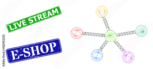 Polygonal net connections image, and Live Stream blue and green rectangle scratched seals. Polygonal carcass image designed with net connections pictogram.
