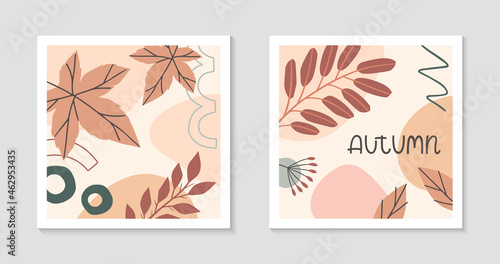 Set of autumn abstract decorative prints with organic various shapes,maple foliage and lettering - autumn.Moderm seasonal design.Universal artistic banners.Trendy fall vector illustrations.