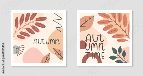 Set of autumn abstract decorative prints with organic various shapes,foliage and lettering - autumn time.Moderm seasonal design.Universal artistic banners.Trendy fall vector illustrations.