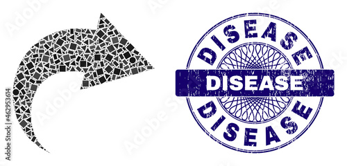 Geometric mosaic redo, and Disease scratched seal print. Blue stamp seal has Disease tag inside circle form. Vector redo mosaic is done from scattered circle, triangle, rectangle items.