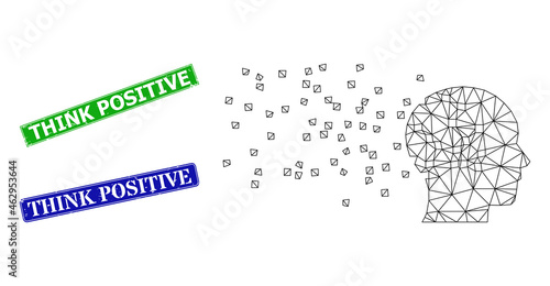 Network human memory synthesis image, and Think Positive blue and green rectangle rubber stamps. Polygonal carcass image designed with human memory synthesis icon.