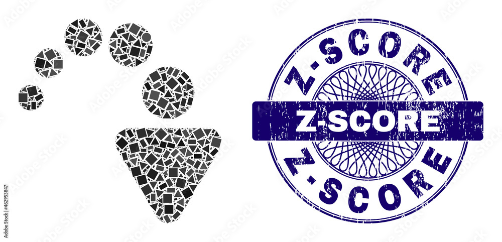 Geometric collage redo, and Z-Score grunge seal imitation. Blue seal contains Z-Score caption inside round form. Vector redo mosaic is created with different round, triangle, rectangle parts.